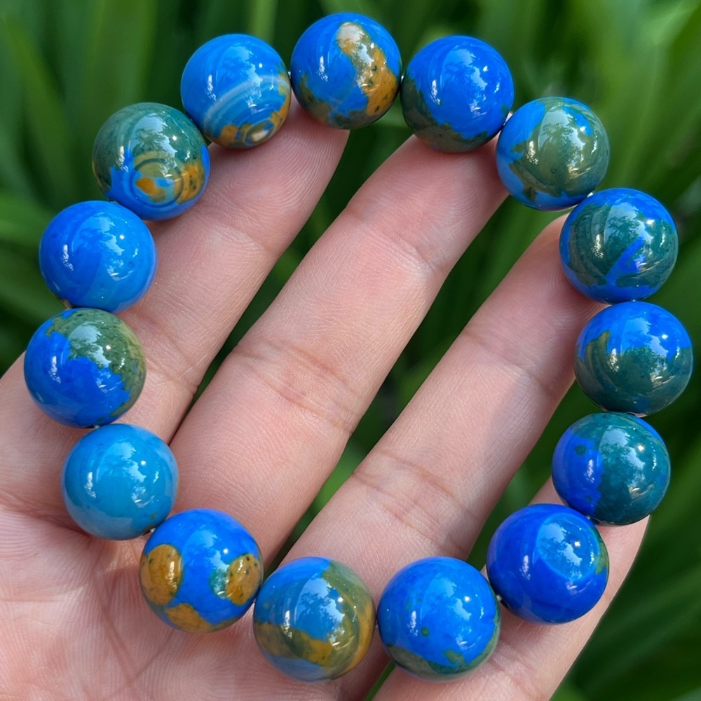 14mm stretchable blue earth pattern agate bracelet - Picture 3 of 13